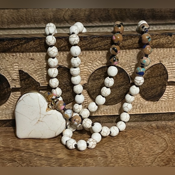 Boho Heart Heavy Beaded Necklace 18in long Cream with brown  color - Picture 1 of 6